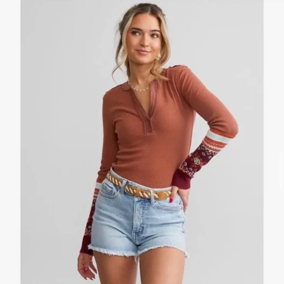 FP We the Free Love Layering Cuff Knit Long Sleeve Embroidery V S SM Rust autumn - Picture 3 of 7